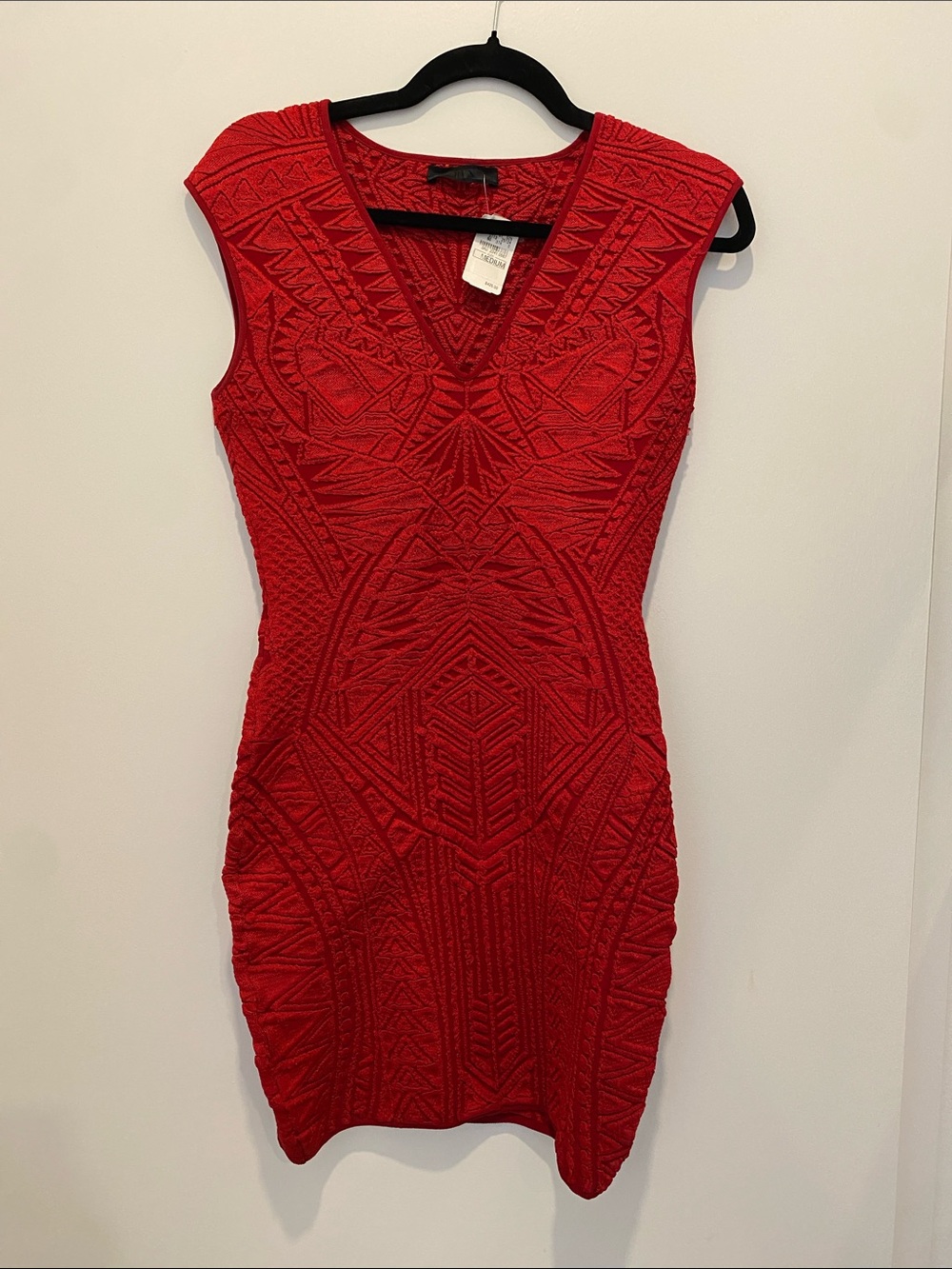RVN Red Textured V-Neck Bodycon Dress